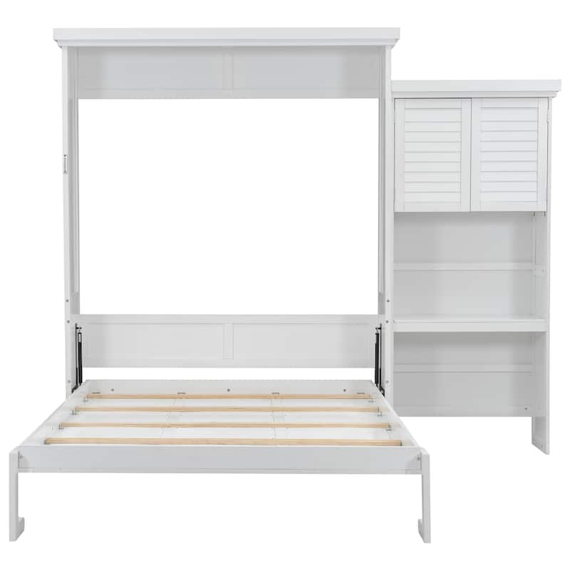 Queen Size Murphy Bed Wall Bed with Louvered Panel and Side Storage Shelves Space Saving Murphy Bed Pull Down Bed with Cabinets