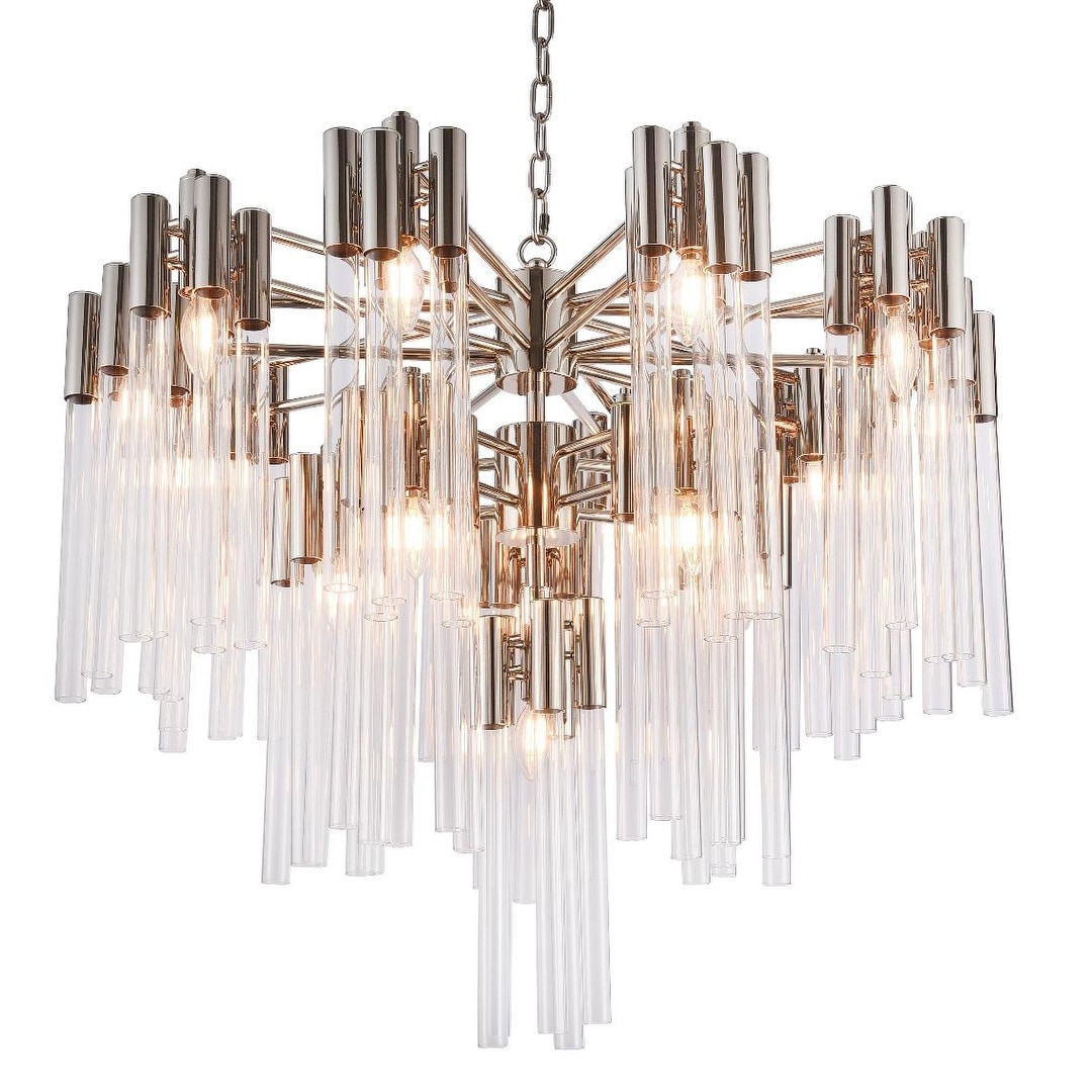 Modern 16-Light 3 Tier Shiny Nickel Chandelier With Glass Tube Accents - N/A