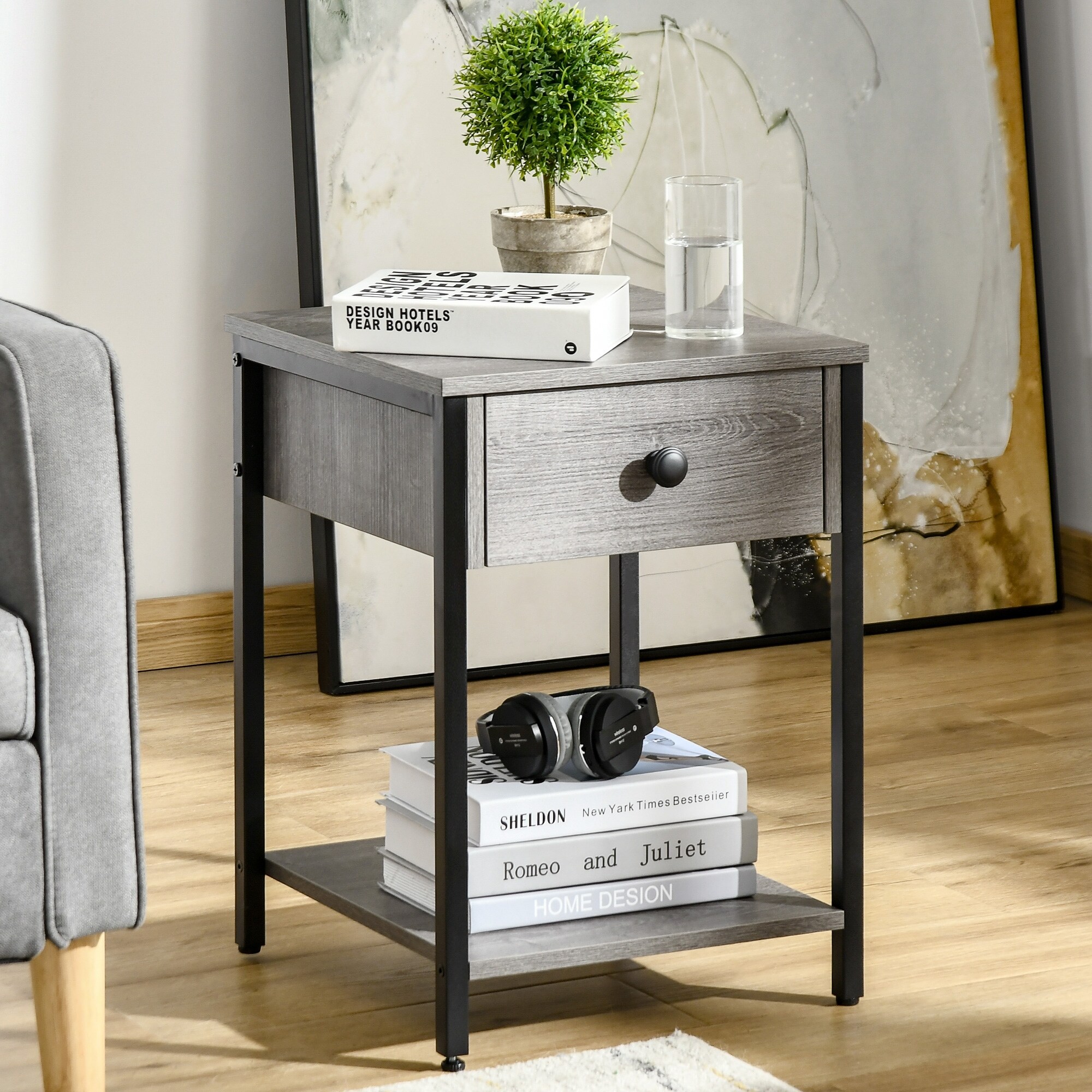 Industrial End Table with Storage Shelf Accent Side Table Nightstand with Drawer for Living Room Portable Plant Stand Grey