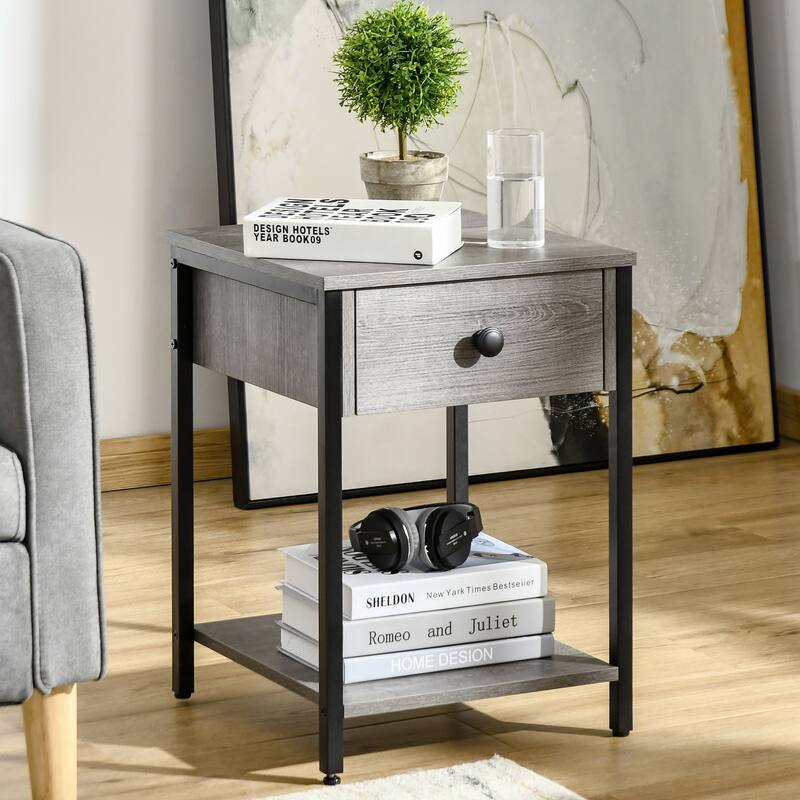 Industrial End Table with Storage Shelf and Drawer - Grey