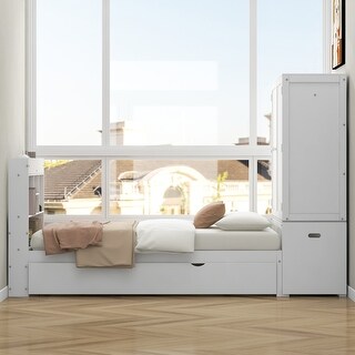 Twin Platform Bed with Storage, Pull Out Shelves, Trundle, White