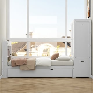 Twin Platform Bed with Storage Headboard & Footboard, Pull Out Shelves and Twin Trundle, White