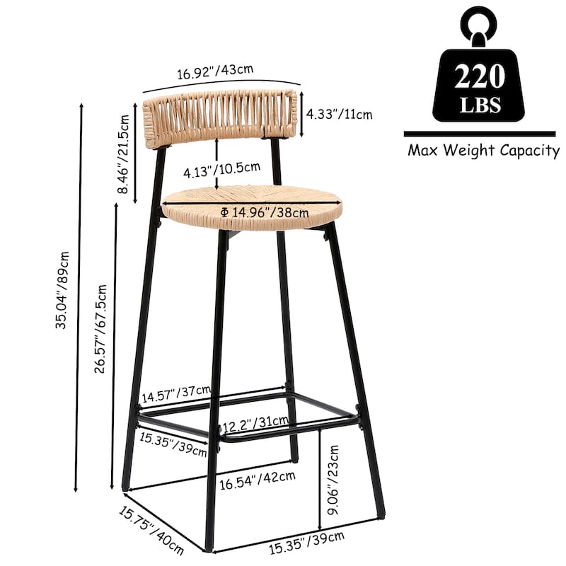 GDFStudio - Rosdale Modern Farmhouse Handwoven Paper Rope Counter Height Bar Stool with Metal Frame and Backrest, Set of 2