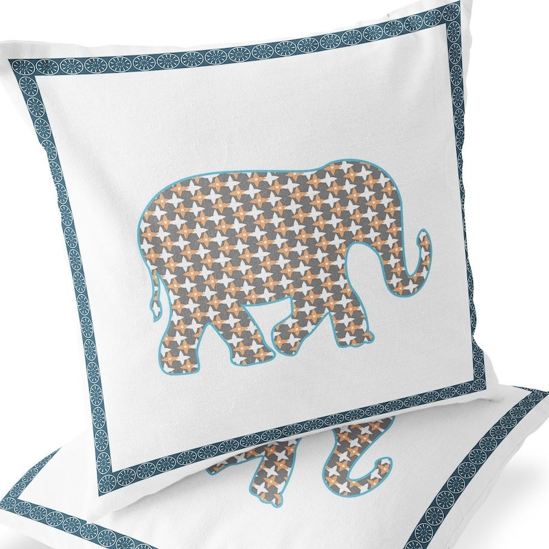 HomeRoots Set of Two 16" X 16" Gold and White Elephant Blown Seam Animal Print Indoor Outdoor Throw Pillow