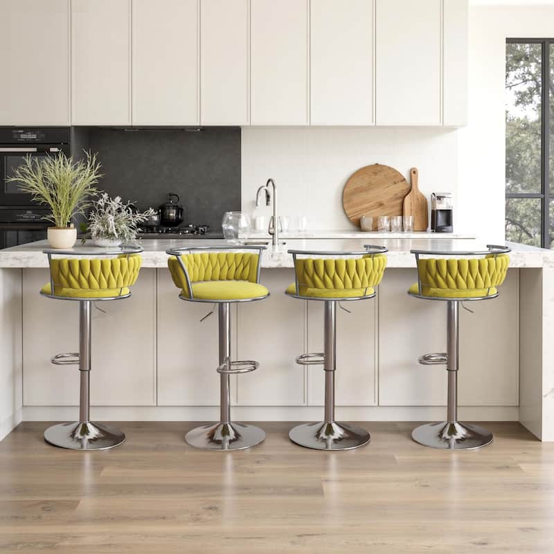 4 Set Modern Velvet Adjustable Swivel Bar Stools with Metal Frame - Silver/Olive Drab