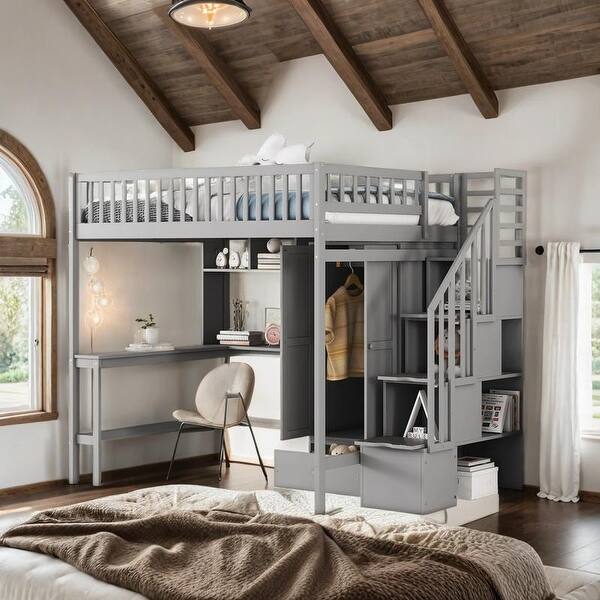 slide 2 of 18, Playhouse Inspired Full size Loft Bed with Bookshelf, Drawers, Desk and Wardrobe, Sturdy Construction & Unique Design, Grey Grey