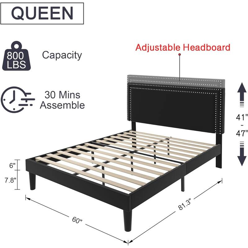 VECELO Upholstered Bed Frames with Height Adjustable Headboard