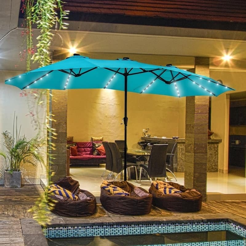 Ainfox 15ft Double-Sided Patio Umbrella with Base Large Outdoor Umbrella with LED Solar Lights