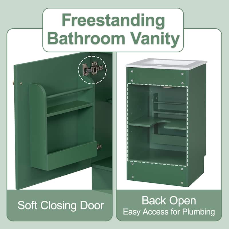 Compact 18 Inch Bathroom Vanity with Ceramic Sink, Painted MDF Cabinet, Storage Shelf, Soft Close Door