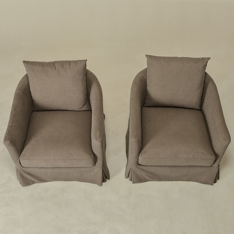 KINWELL 32" W Down Fill Upholstered Slipcovered Swivel Barrel Accent Armchair