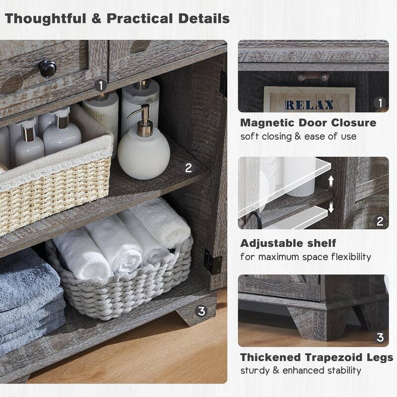 24" Farmhouse Bathroom Floor Cabinet, Wide Bathroom Storage Cabinet