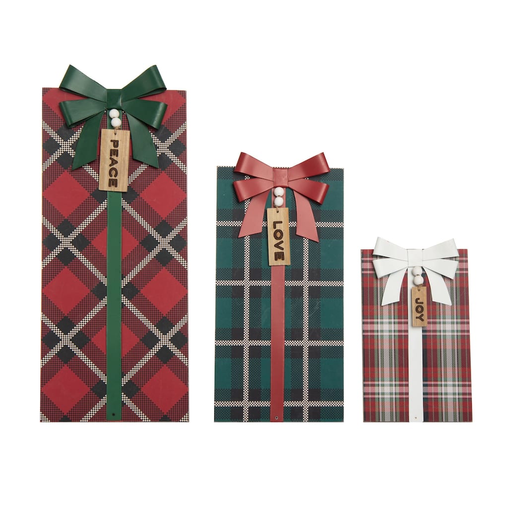 Transpac Wood 19.5 in. Multicolored Christmas Easel-Back Plaid Presents Set of 3