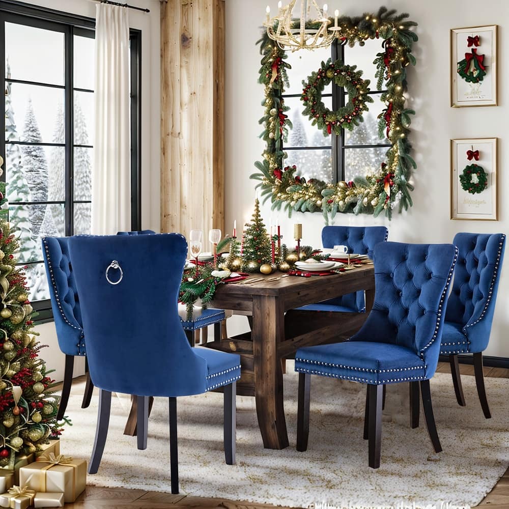 Set of 6 Velvet Upholstered Dining Chairs with Padded Seat and Solid Wood Legs – Modern Armless Kitchen Side Chairs