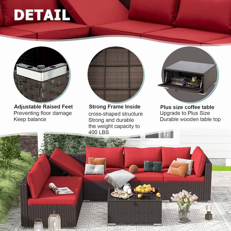 EROMMY 6/7 Piece Modular Outdoor Rattan Sofa Set, All-Weather Wicker Patio Furniture with Storage Table, Cushions & Pillows