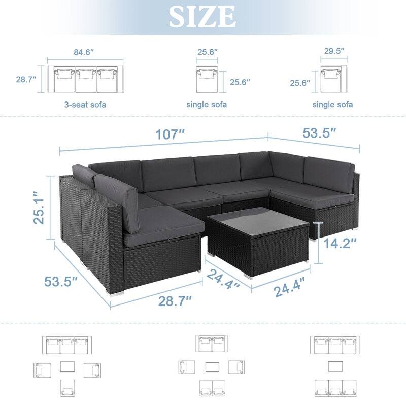 Outdoor 7piece Patio Furniture Black Wicker Rattan Sectional Sofa Set