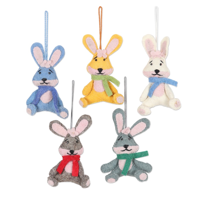 Novica Handmade Bunny Greetings Wool Felt Ornaments (Set Of 5)