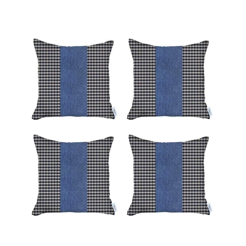HomeRoots Set Of Four 18" X 18" White And Blue Houndstooth Zippered Handmade Polyester Throw Pillow