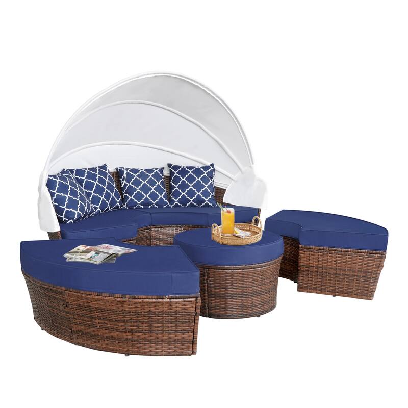 Ledel Wicker Outdoor Daybed 5-piece Sectional Sofa Set With Retractable Canopy and Cushions