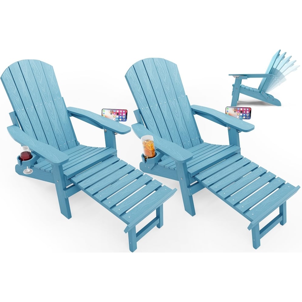WINSOON Set of 2 All Weather HIPS Folding Adirondack Chair with Adjustable Backrest and Retractable Ottoman