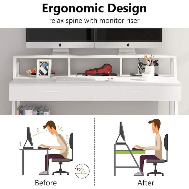 47-Inch White MDF Computer Desk with Shelves & Drawers, Modern Office Writing Desk with Monitor Stand Riser