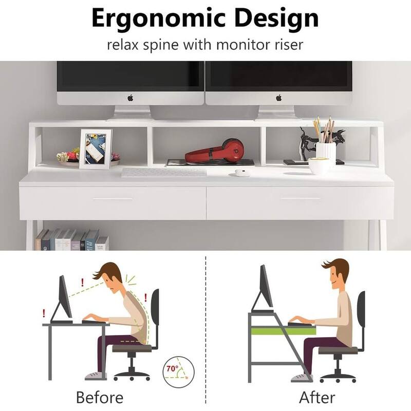 47 Inches White Engineered Wood Computer Desk with Storage Shelf & Monitor Stand Riser
