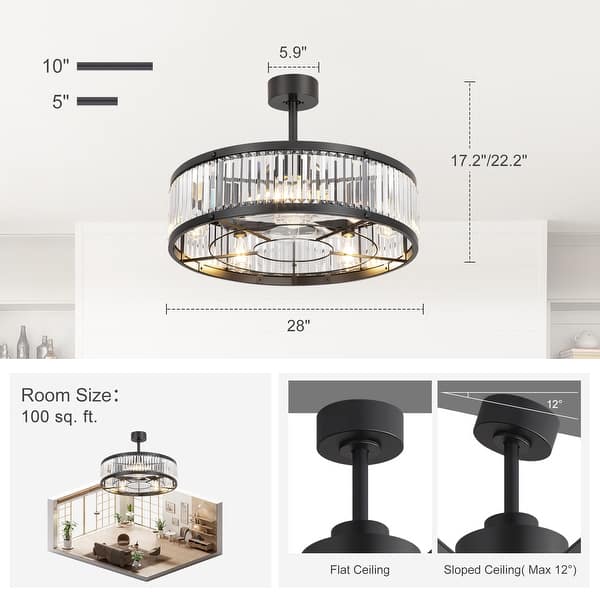 dimension image slide 7 of 8, Caged Ceiling Fan with Light and Remote, 11.8–28 Inch Low Profile Fandelier, 6-Speed Quiet DC Motor, Black/Satin Nickel