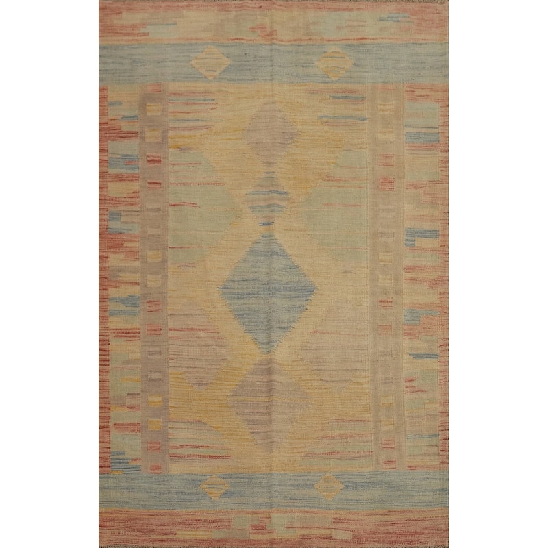 Hand Woven Oriental 100% Wool Carpet Southwestern Tribal Yellow & Gold Kilim Area Rug - 5' 9'' X 3' 11''