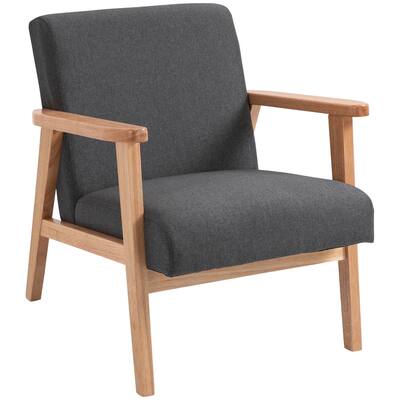 Mid-Century Wooden Accent Chair Linen Lounge Chair