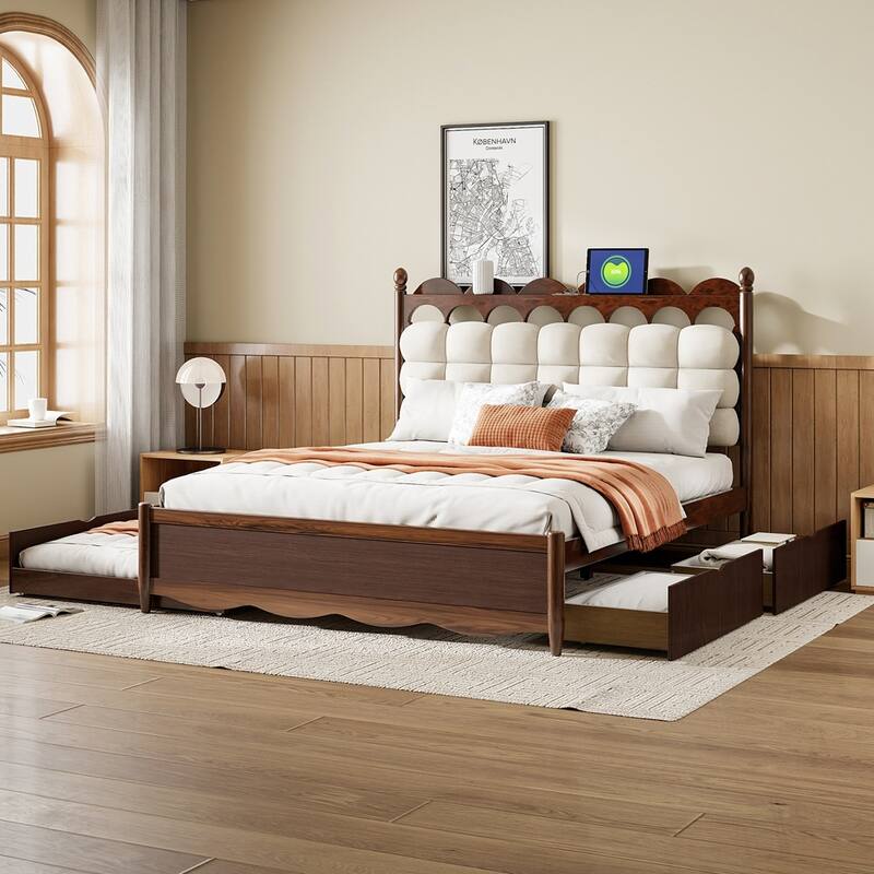 Wooden Storage Platform Bed with 2 Big Drawers and Twin-XL Size Trundle