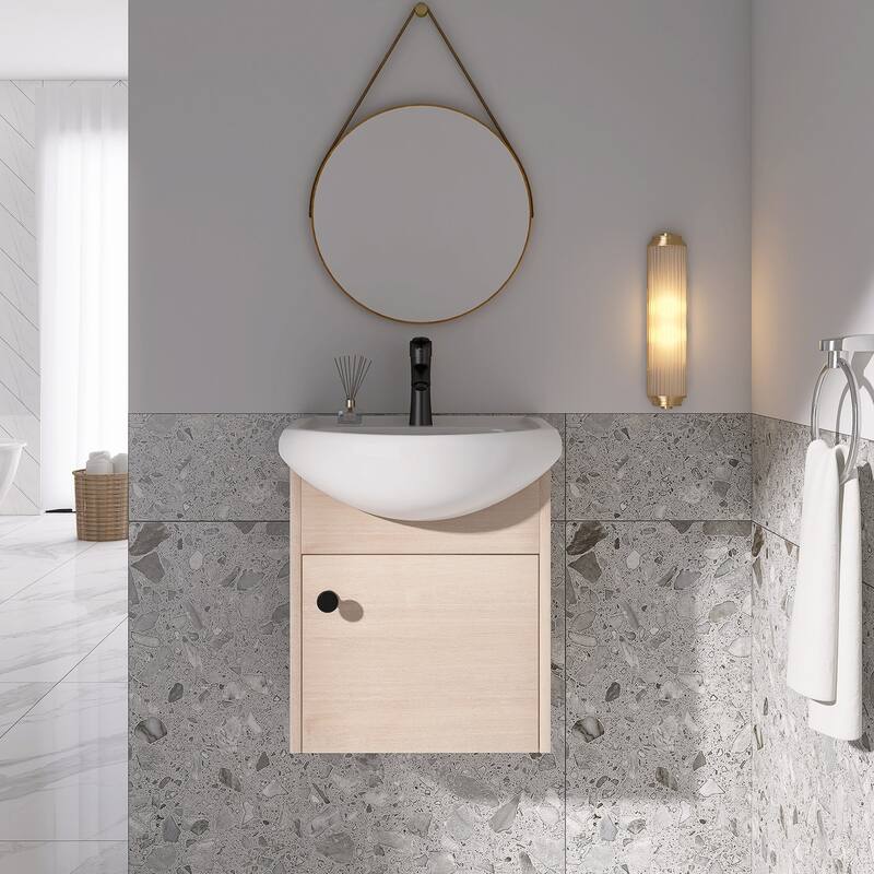 18 inch Wood Wall-Mounted Bathroom Vanity Set with Integrated Ceramic Sink - Natural Finish - Plain Light Oak - Single Vanities