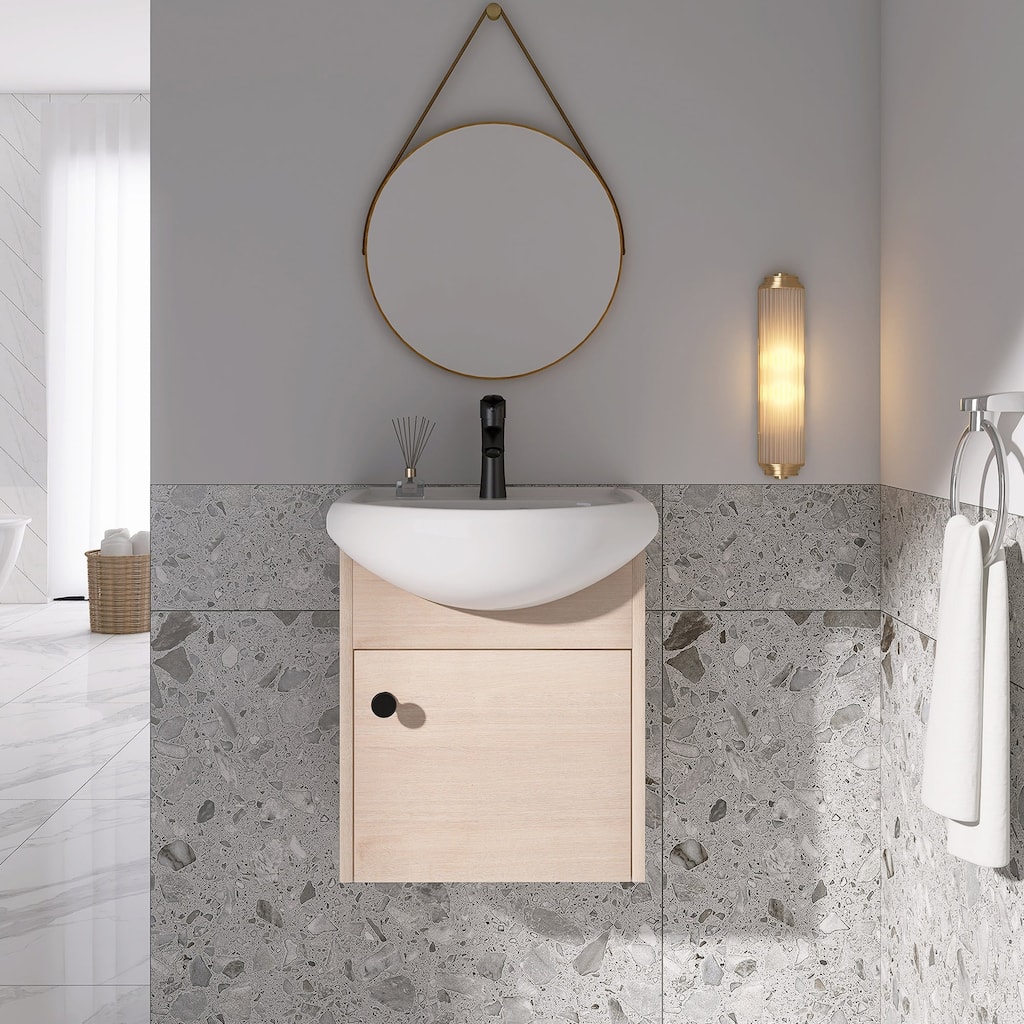 18 inch Wood Wall-Mounted Bathroom Vanity Set with Integrated Ceramic Sink