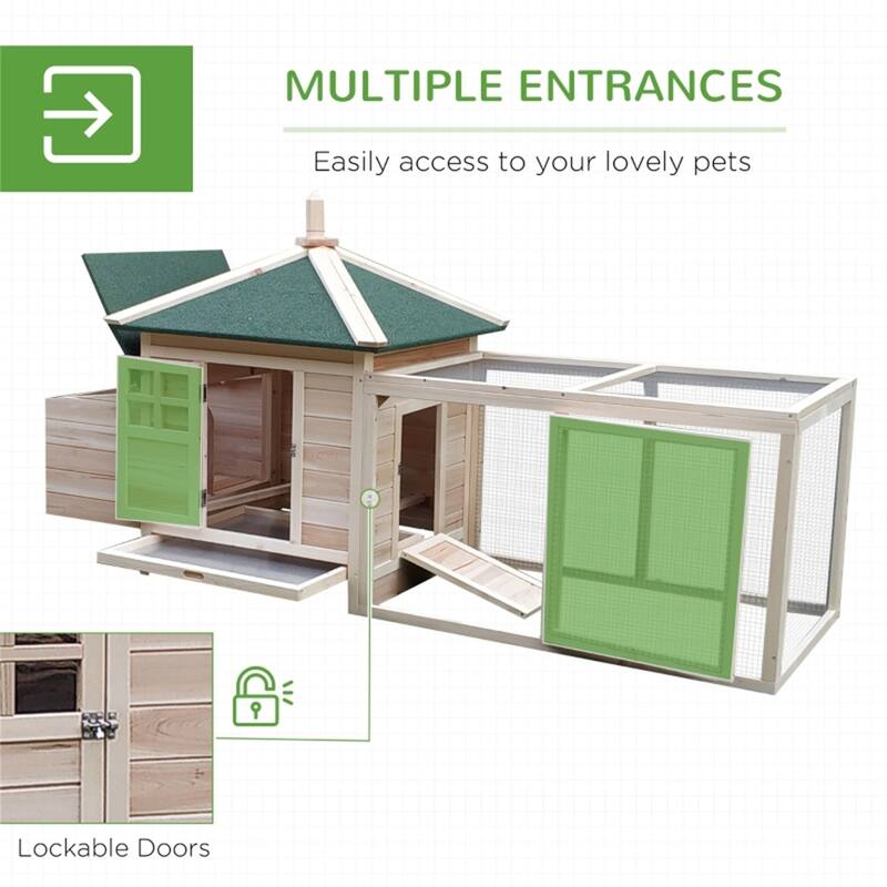 Pine Wood Hen House Coop with Nest Box and Run - 77.25" L x 30" W x 38.25" H