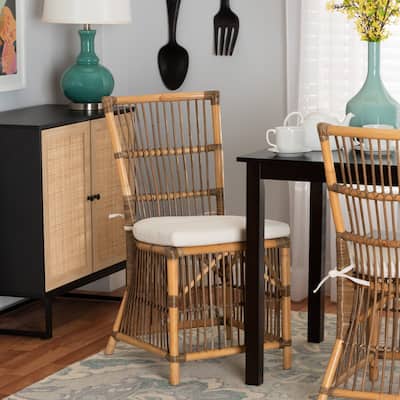 Kim Modern Bohemian White Fabric and Natural Brown Rattan Dining Chair