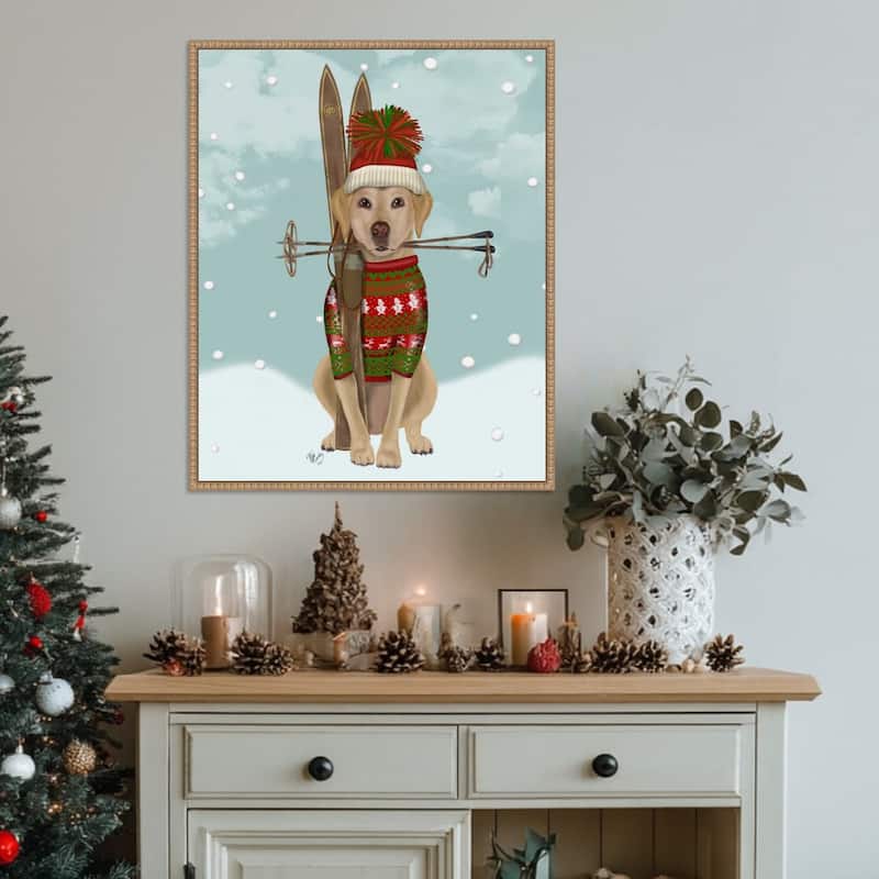 Yellow Labrador Skiing by Fab Funky (23 x 28 in.), Framed Canvas Wall Art Print - Sylvie Beaded Rustic Natural