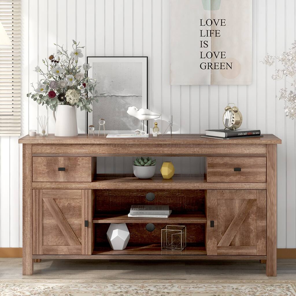 TV Stand with Two Drawers and Open Style Shelves Sliding Doors