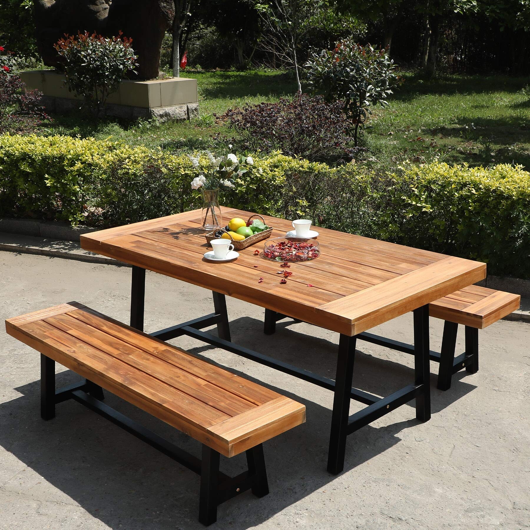 Mfstudio 3pcs Outdoor Patio Dining Table Set Acacia Wood With 1 Rectangular Picnic Coffee Table And 2 Benches Overstock 32603834