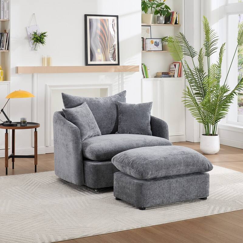 46" Chenille Upholstered Oversized Swivel Armchair With Ottoman