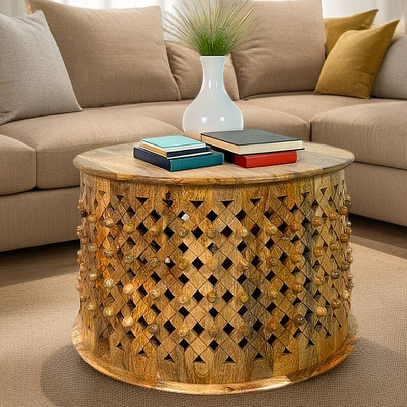 Lattice 30" Round Artisan Coffee Table - Elegant Finish Intricate Carving Solid Wood Accent Table