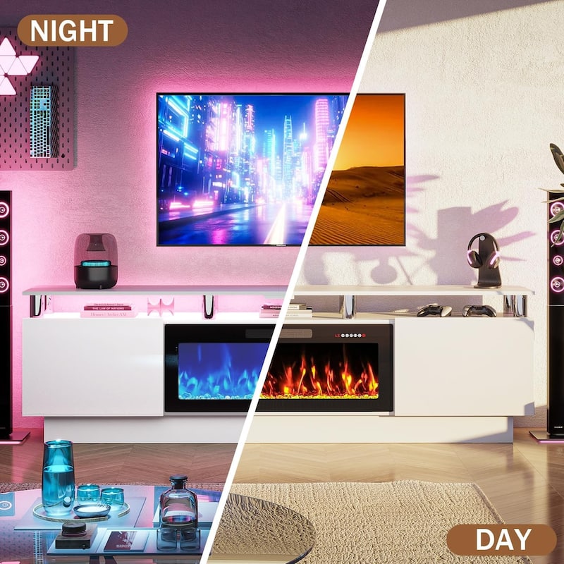 BOSSIN Modern 80" TV Stand with 36" Fireplace & LED Lights for TVs Up to 90", White with Golden Pillars, Storage Cabinets
