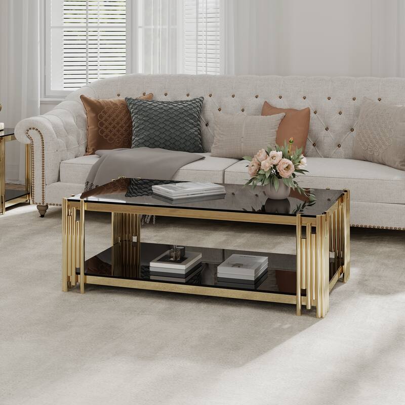 48" Wide Rectangular Coffee Table with Glass Top, Stainless Steel Double-Layer Coffee Table - Black