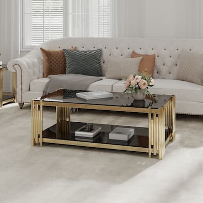 48" Wide Rectangular Coffee Table with Tempered Glass Top, Golden Stainless Steel Double-Layer Coffee Table