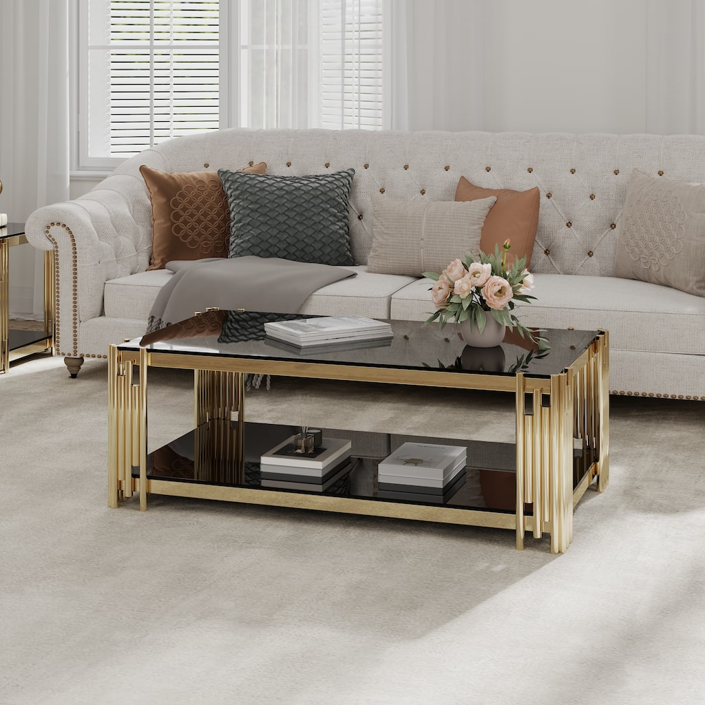 48" Wide Rectangular Coffee Table with Tempered Glass Top, Golden Stainless Steel Double-Layer Coffee Table