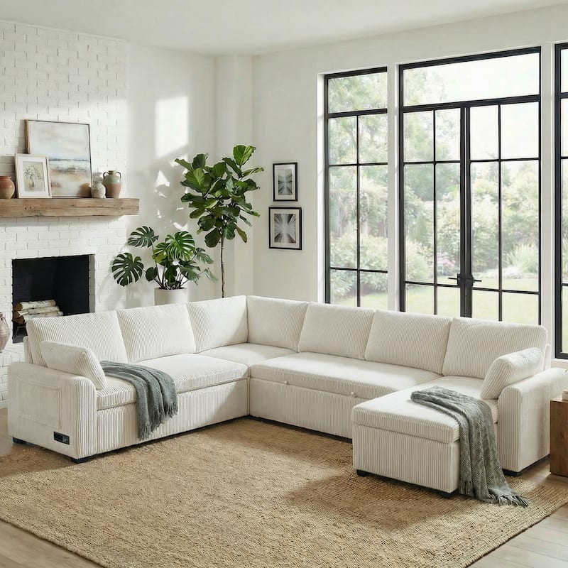 111.2" U-shaped Sofa with Reversible Chaise and Convertible Sofa Bed - Beige