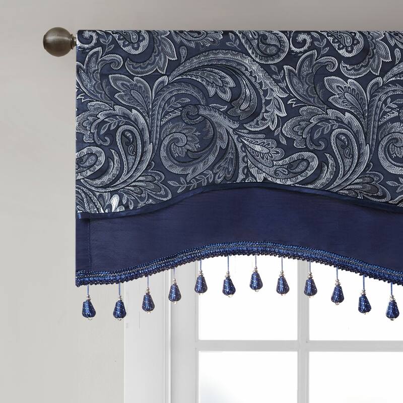 Madison Park Whitman Jacquard Window Rod Pocket Valance with Beads - 50 x 18"