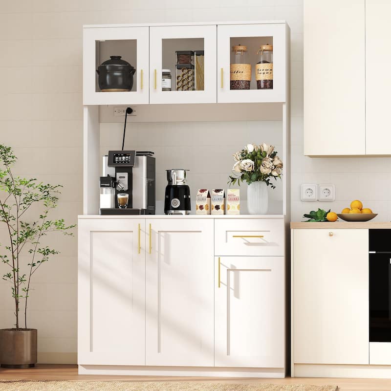 71'' Kitchen Pantry Cabinet with Hutch, Drawer & LED Light, Microwave Stand with Power Outlet for Dining Room or Kitchen - White