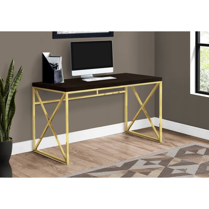 Computer Desk, Home Office, Laptop, Work, Brown Laminate, Gold Metal, Contemporary