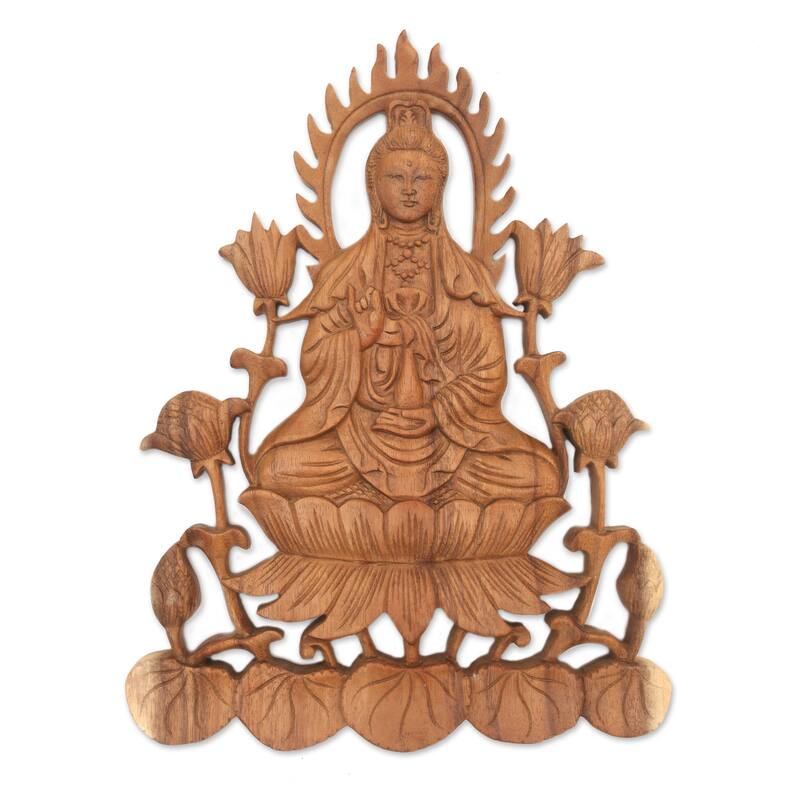 Novica Handmade Kwan Im On Lotus Wood Relief Panel