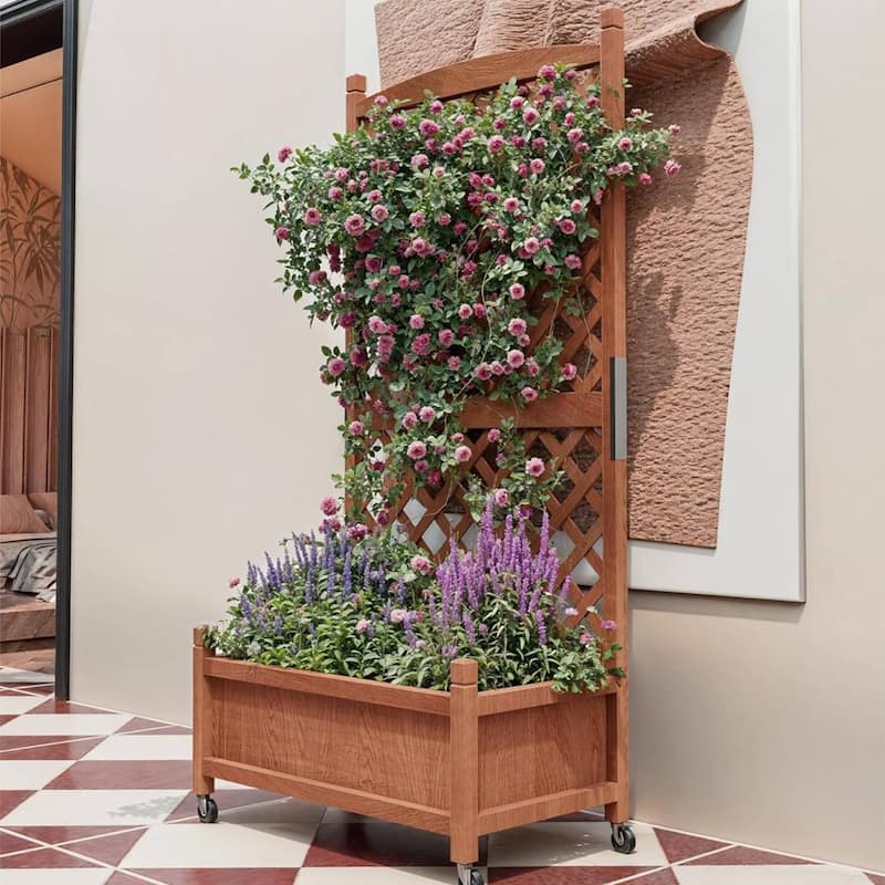 Elevated Raised Garden Bed with Trellis Drainage Holes & Wheels