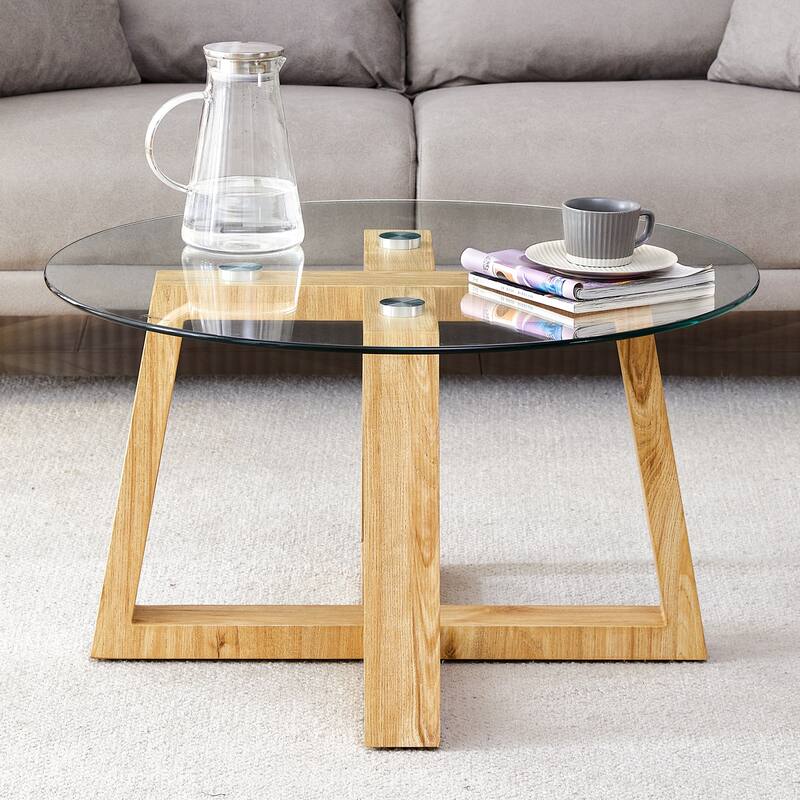 Roomfitters Round Glass Coffee Table with Tempered Top and MDF Legs, Compact Tea Table for Living Room or Bedroom, Natural