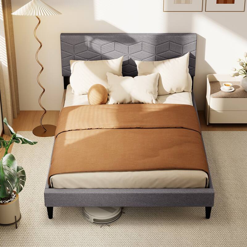 Grey Upholstered Bed Frame with Linen Headboard and Low-Profile Design Box-Spring-Free Setup